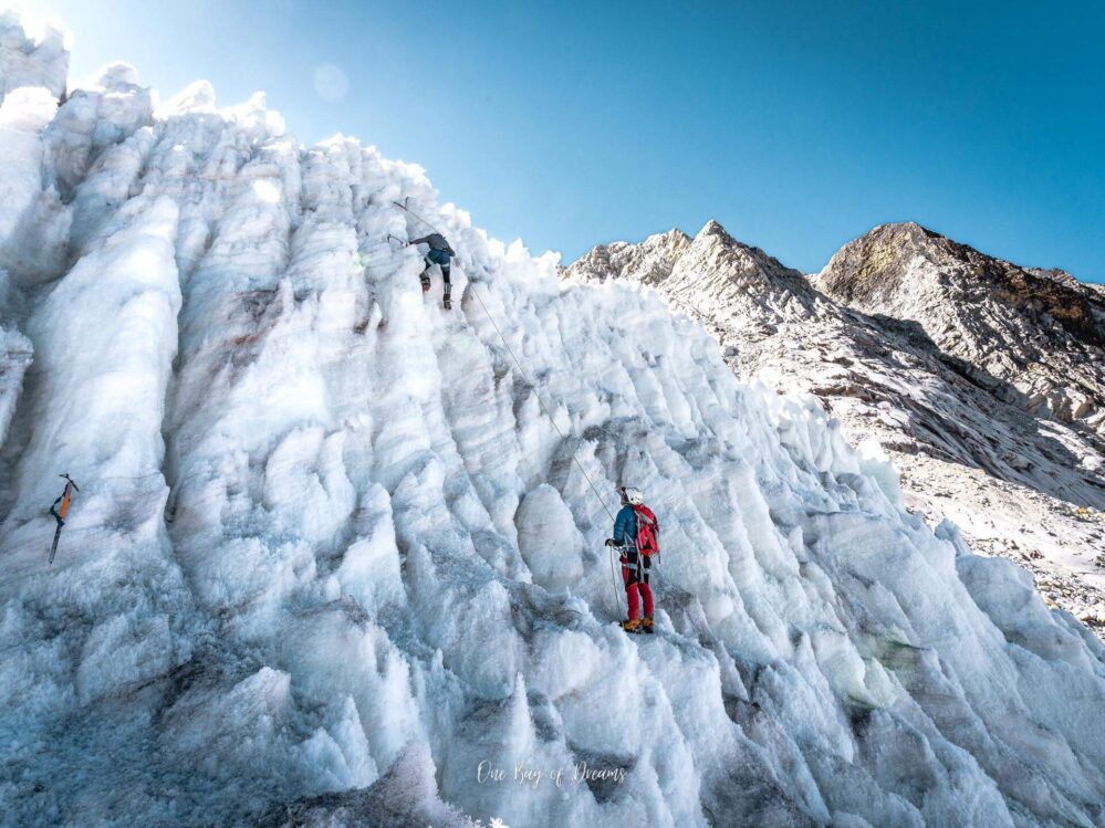 Practicing climbing a ice wall